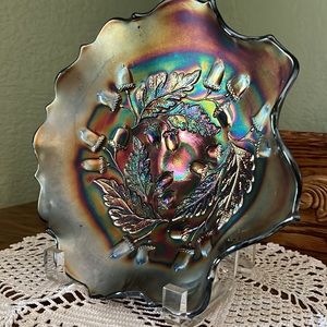 Antique Fenton Carnival Glass Radium Fall Acorn Pattern Ruffled Bowl, Blue